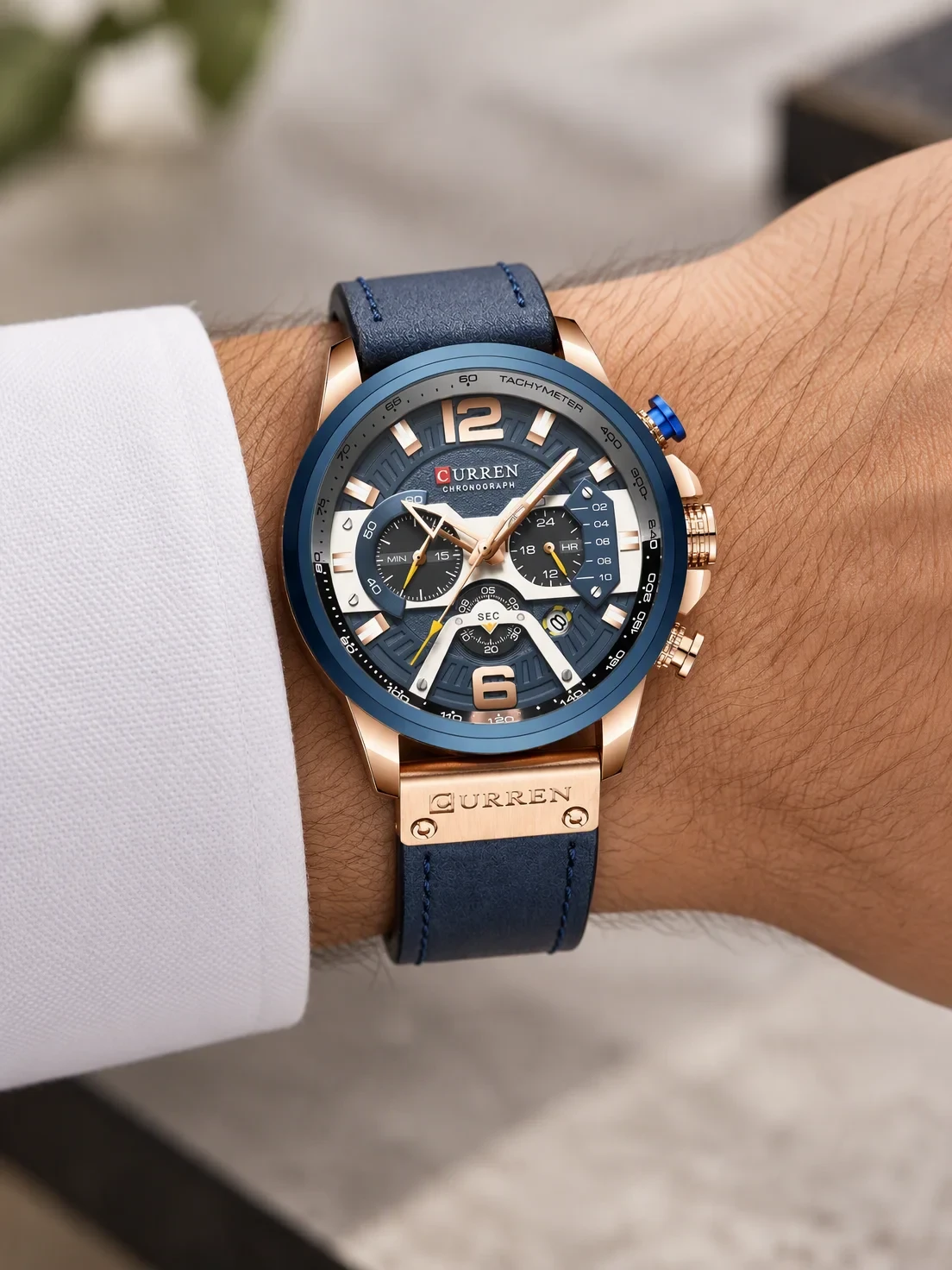 Navy Rose Gold Chronograph Leather worn on the wrist