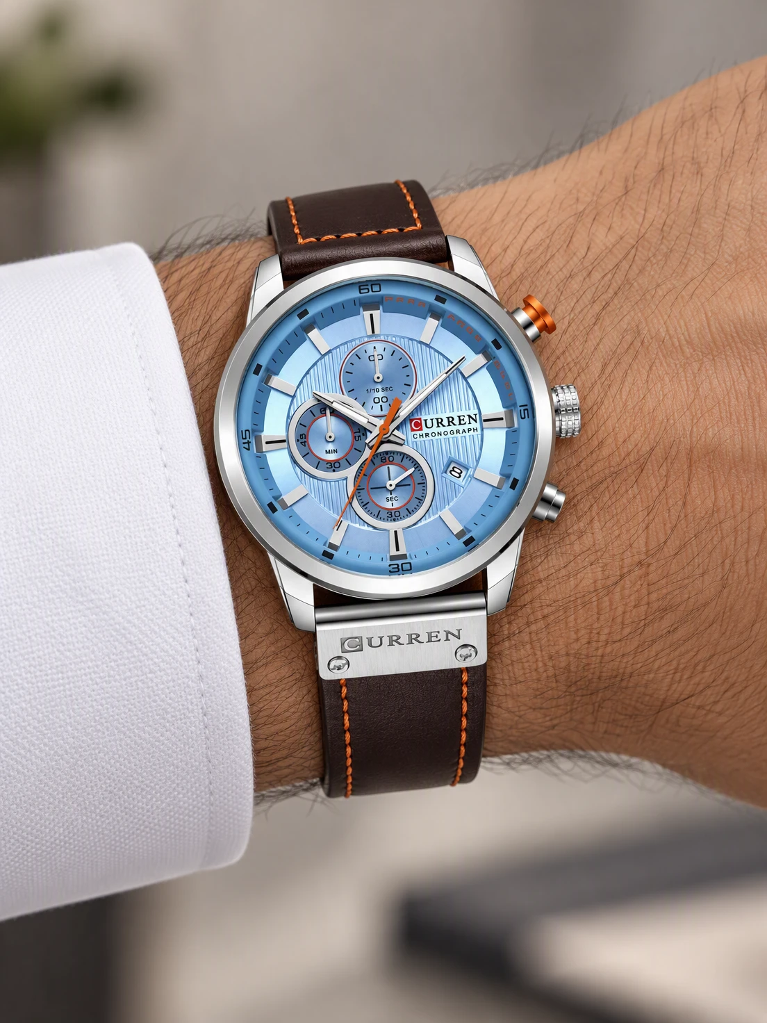 Azure Chronograph Leather worn on the wrist