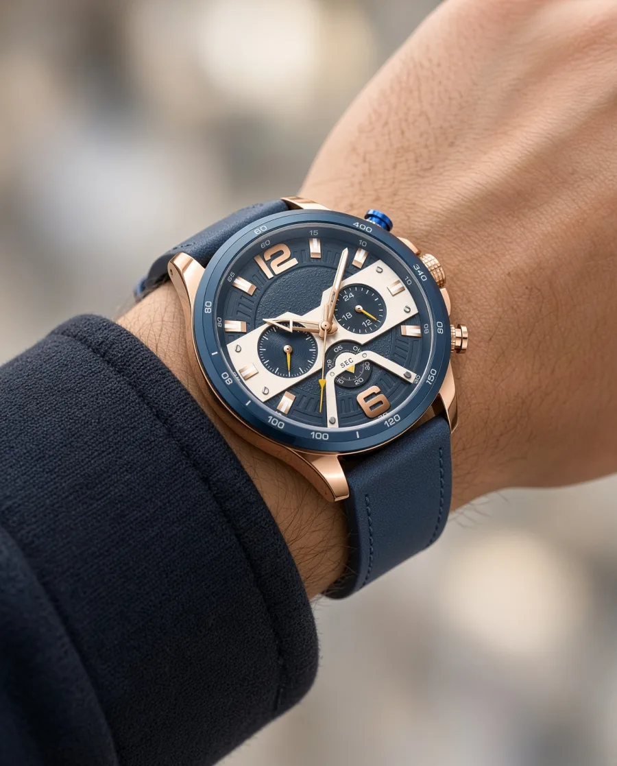 Navy Rose Gold Chronograph Leather on the wrist